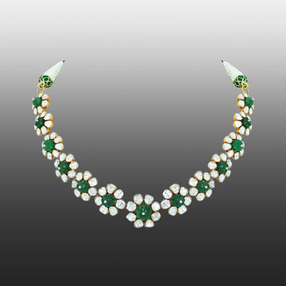 Polki Necklace with Emerald Accents and Blooming Design